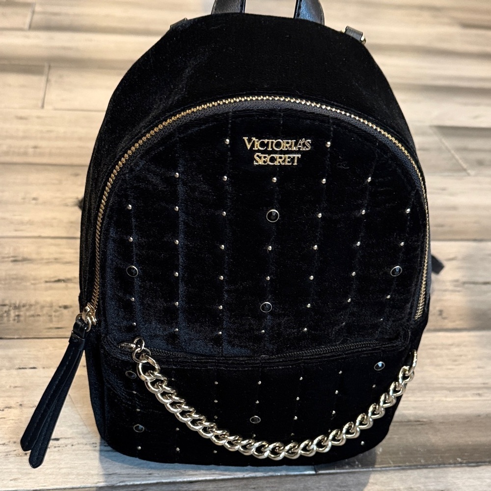 Victoria's Secret Black Velvet Mini Backpack with Gold Chain Accent - Picture 5 of 8